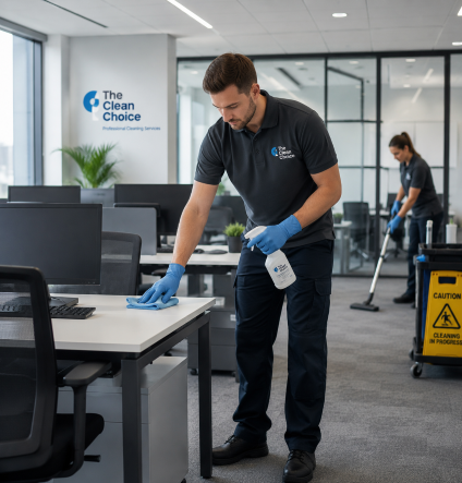 Professional office cleaning team at work in a modern commercial office